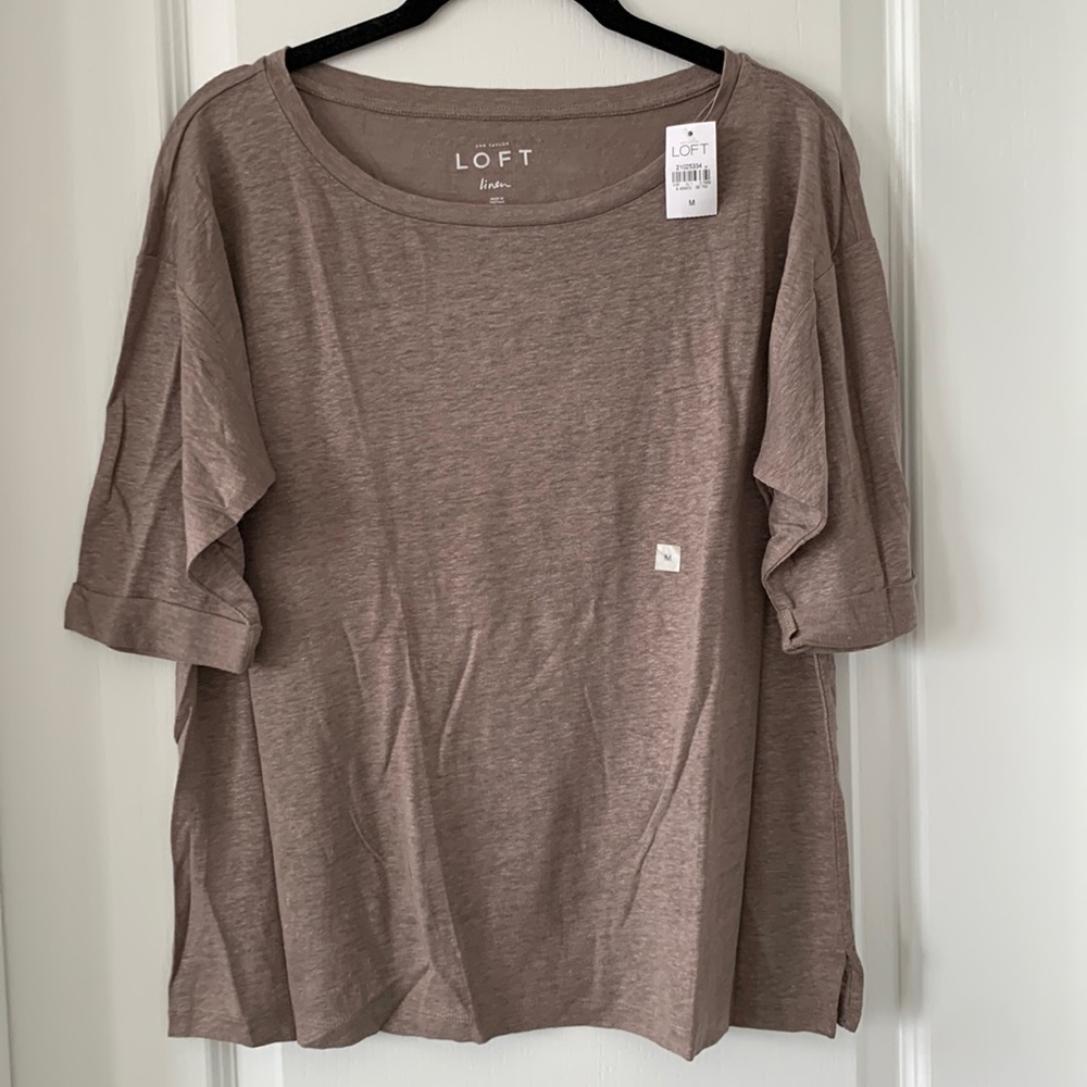 NWT LOFT 100% Linen Short Sleeves Brown Top Size M